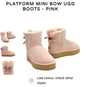 UGG Australian Pink Merino Sheepskin Platform Mini Boots with Silk Bow - Size 9